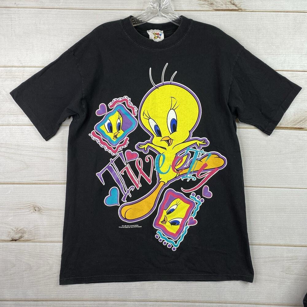 VTG Looney Tunes Shirt Mens M Black Tweety Taz 90s Single Stitch Double Sided